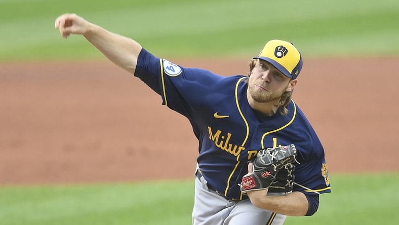 Sep 11, 2021; Cleveland, Ohio, USA; Milwaukee Brewers starting pitcher Corbin Burnes (39) delivers a pitch in the first inning against the Cleveland Indians at Progressive Field. Mandatory Credit: David Richard-USA TODAY Sports