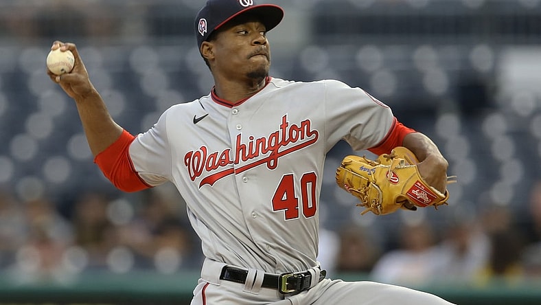 Sep 11, 2021; Pittsburgh, Pennsylvania, USA;  Washington Nationals starting pitcher Josiah Gray (40) delivers a pitch against the Pittsburgh Pirates during the first inning at PNC Park. Mandatory Credit: Charles LeClaire-USA TODAY Sports