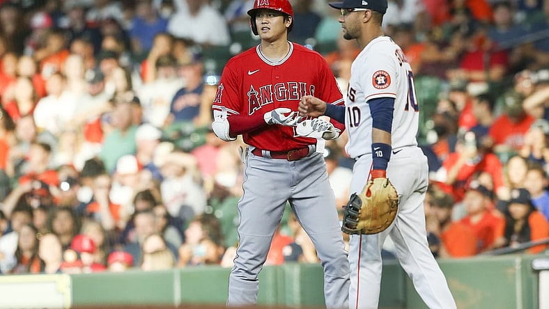 Sep 11, 2021; Houston, Texas, USA; Los Angeles Angels  designated hitter Shohei Ohtani (17) hits a single against the Houston Astros in the first inning at Minute Maid Park. Mandatory Credit: Thomas Shea-USA TODAY Sports