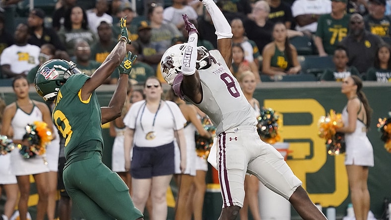 Sep 11, 2021; Waco, Texas, USA; Texas Southern Tigers defensive back Ja'Corey Benjamin (8) breaks up a pass intended for Baylor Bears wide receiver Tyquan Thornton (9) at McLane Stadium. Mandatory Credit: Scott Wachter-USA TODAY Sports
