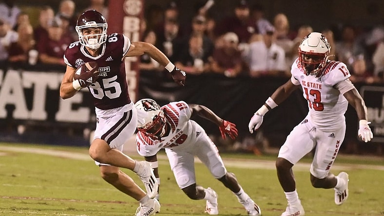 Sep 11, 2021; Starkville, Mississippi, USA; Mississippi State Bulldogs wide receiver Austin Williams (85) returns a punt against the North Carolina State Wolfpack during the second quarter at Davis Wade Stadium at Scott Field. Mandatory Credit: Matt Bush-USA TODAY Sports
