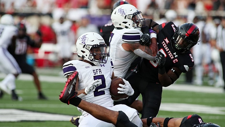 Sep 11, 2021; Lubbock, Texas, USA;  Stephen F. Austin Lumberjacks wide receiver Xavier Gipson (2) rushes against the Texas Tech Red Raiders in the first half at Jones AT&T Stadium. Mandatory Credit: Michael C. Johnson-USA TODAY Sports