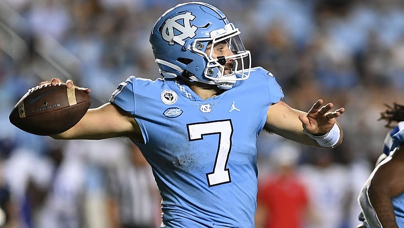 Sep 11, 2021; Chapel Hill, North Carolina, USA; North Carolina Tar Heels quarterback Sam Howell (7) looks to pass in the third quarter at Kenan Memorial Stadium. Mandatory Credit: Bob Donnan-USA TODAY Sports