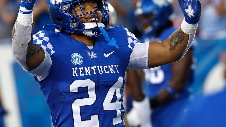 Kentucky   s Chris Rodriguez celebrates after he scores a touchdown against Missouri.Sept. 11, 2021

Uk Missouri 14