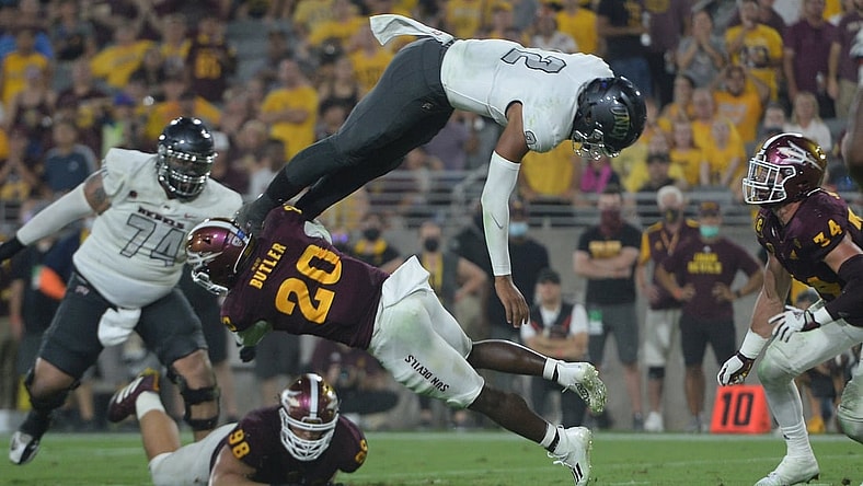 Sep 11, 2021; Tempe, Arizona, USA; UNLV Rebels quarterback Doug Brumfield (2) dives for a touchdown against the Arizona State Sun Devils during the first half at Sun Devil Stadium. Mandatory Credit: Joe Camporeale-USA TODAY Sports
