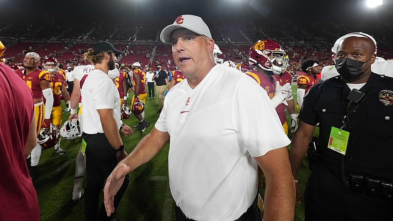 Sep 11, 2021; Los Angeles, California, USA; Southern California Trojans head coach Clay Helton reacts after a game against the Stanford Cardinal at United Airlines Field at Los Angeles Memorial Coliseum. Mandatory Credit: Kirby Lee-USA TODAY Sports