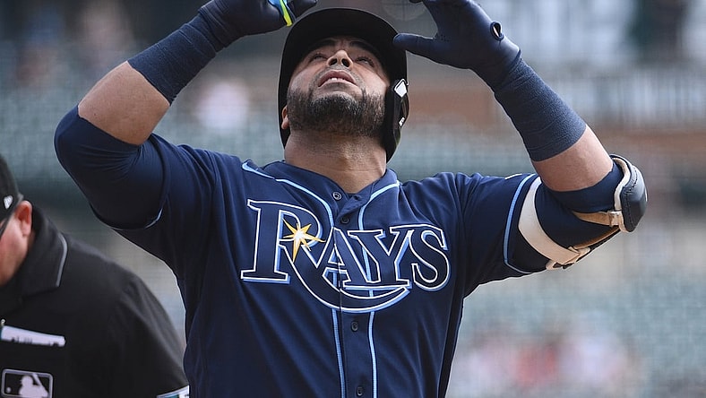 Sep 12, 2021; Detroit, Michigan, USA; Tampa Bay Rays designated hitter Nelson Cruz (23) celebrates after hitting a home run during the fourth inning against the Detroit Tigers at Comerica Park. Mandatory Credit: Tim Fuller-USA TODAY Sports