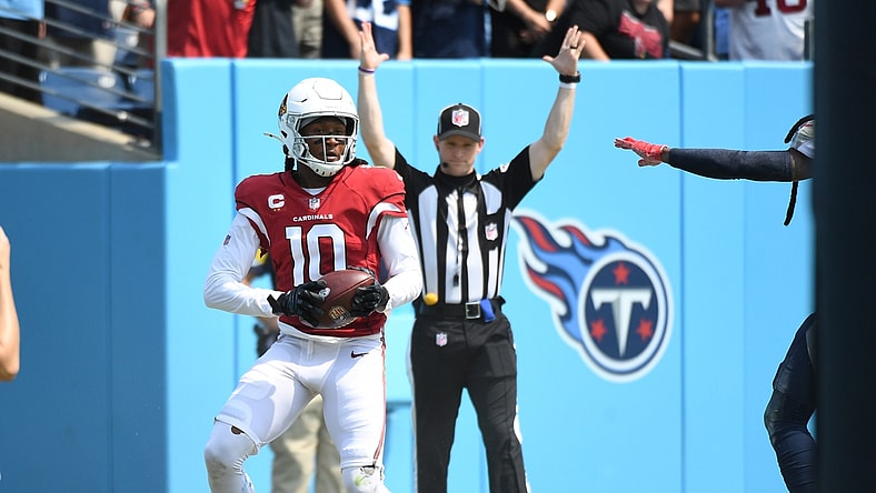 Sep 12, 2021; Nashville, Tennessee, USA; Arizona Cardinals wide receiver DeAndre Hopkins (10) after a touchdown reception during the first half against the Tennessee Titans at Nissan Stadium. Mandatory Credit: Christopher Hanewinckel-USA TODAY Sports