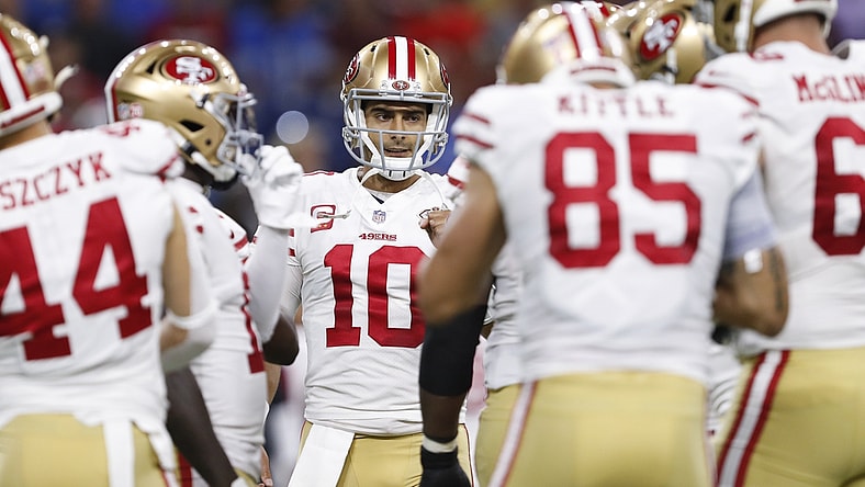Sep 12, 2021; Detroit, Michigan, USA; San Francisco 49ers quarterback Jimmy Garoppolo (10) huddles with teammates during the first quarter against the Detroit Lions at Ford Field. Mandatory Credit: Raj Mehta-USA TODAY Sports