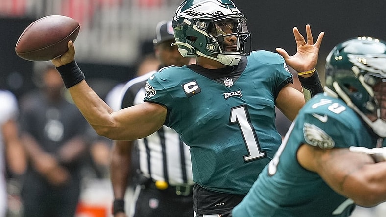 Sep 12, 2021; Atlanta, Georgia, USA; Philadelphia Eagles quarterback Jalen Hurts (1) passes the ball against the Atlanta Falcons during the first quarter at Mercedes-Benz Stadium. Mandatory Credit: Dale Zanine-USA TODAY Sports