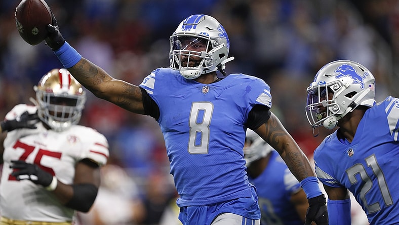 Sep 12, 2021; Detroit, Michigan, USA; Detroit Lions outside linebacker Jamie Collins (8) celebrates after recovering a fumble during the first quarter against the San Francisco 49ers at Ford Field. Mandatory Credit: Raj Mehta-USA TODAY Sports