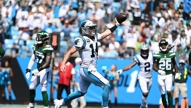 Sep 12, 2021; Charlotte, North Carolina, USA;  Carolina Panthers quarterback Sam Darnold (14) scores a touchdown in the second quarter at Bank of America Stadium. Mandatory Credit: Bob Donnan-USA TODAY Sports