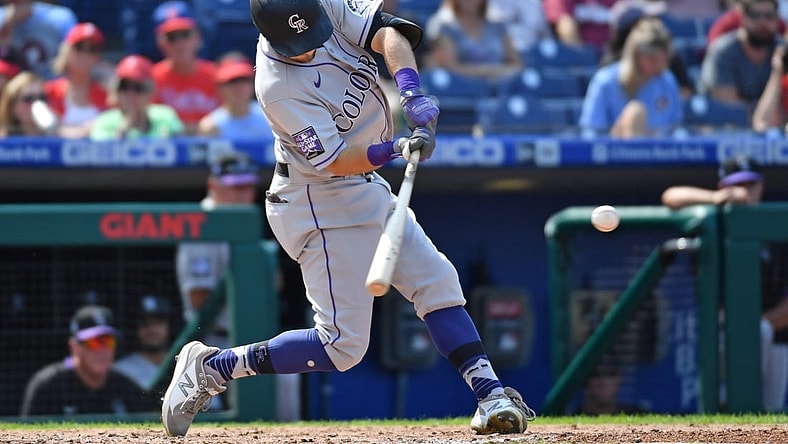 Sep 12, 2021; Philadelphia, Pennsylvania, USA; Colorado Rockies second baseman Garrett Hampson (1) hits a three run home run during the fifth inning against the Philadelphia Phillies at Citizens Bank Park. Mandatory Credit: Eric Hartline-USA TODAY Sports