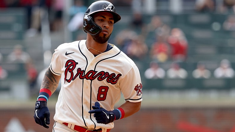 Sep 12, 2021; Atlanta, Georgia, USA; Atlanta Braves outfielder Eddie Rosario (8) runs home after hitting a two-run home run during the fourth inning against the Miami Marlins at Truist Park. Mandatory Credit: Jason Getz-USA TODAY Sports