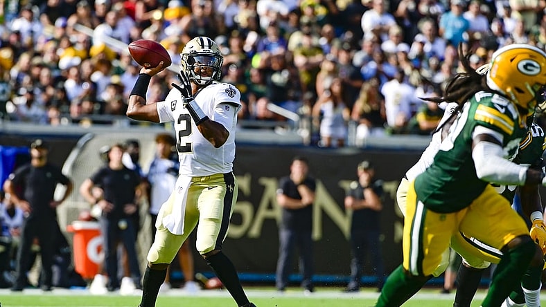 Sep 12, 2021; Jacksonville, Florida, USA;  New Orleans Saints quarterback Jameis Winston (2) throws from the pocket during the first quarter against the Green Bay Packers at TIAA Bank Field. Mandatory Credit: Tommy Gilligan-USA TODAY Sports