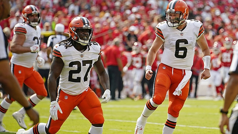 Sep 12, 2021; Kansas City, Missouri, USA; Cleveland Browns running back Kareem Hunt (27) and quarterback Baker Mayfield (6) celebrate after a successful two point conversion against the Kansas City Chiefs during the first half at GEHA Field at Arrowhead Stadium. Mandatory Credit: Jay Biggerstaff-USA TODAY Sports