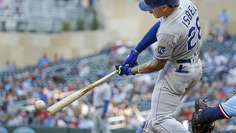 Sep 12, 2021; Minneapolis, Minnesota, USA; Kansas City Royals center fielder Kyle Isbel (28) hits an RBI single against the Minnesota Twins in the eighth inning at Target Field. Mandatory Credit: Bruce Kluckhohn-USA TODAY Sports