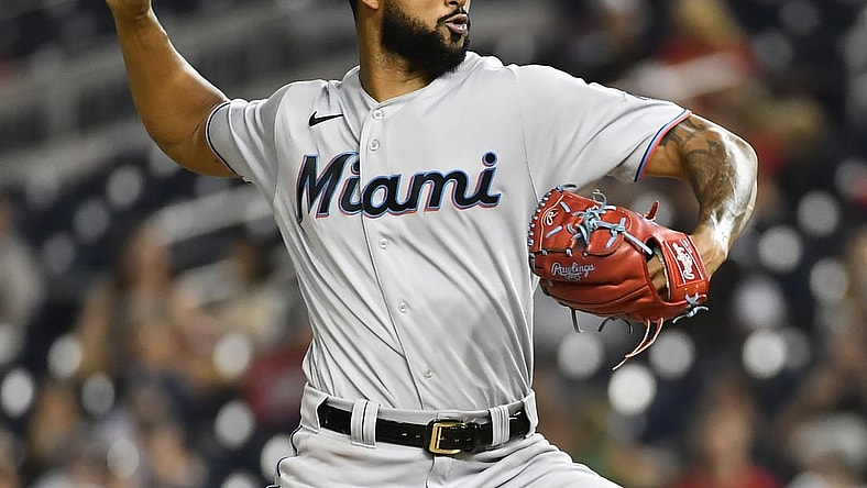 Sep 13, 2021; Washington, District of Columbia, USA; Miami Marlins starting pitcher Sandy Alcantara (22) throws to the Washington Nationals during the fifth inning at Nationals Park. Mandatory Credit: Brad Mills-USA TODAY Sports