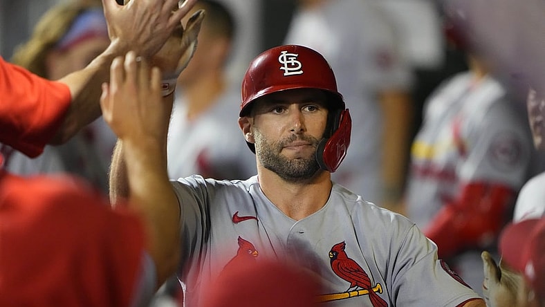 Sep 13, 2021; New York City, New York, USA; Teammates congratulate St. Louis Cardinals first baseman Paul Goldschmidt (46) for hitting a home run against the New York Mets during the fifth inning at Citi Field. Mandatory Credit: Gregory Fisher-USA TODAY Sports