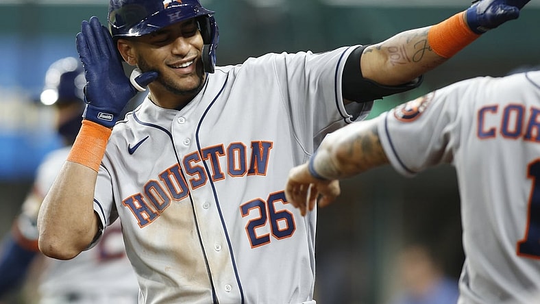 Sep 13, 2021; Arlington, Texas, USA;  Houston Astros right fielder Jose Siri (26) reacts as he walks back to the dugout after hitting a two run home in the third inning against the Texas Rangers at Globe Life Field. Mandatory Credit: Tim Heitman-USA TODAY Sports