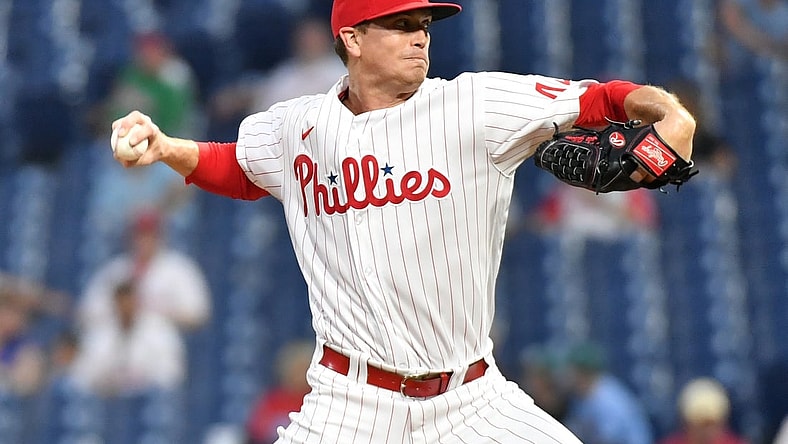 Sep 14, 2021; Philadelphia, Pennsylvania, USA; Philadelphia Phillies starting pitcher Kyle Gibson (44) throws against the Chicago Cubs during the first inning at Citizens Bank Park. Mandatory Credit: Eric Hartline-USA TODAY Sports