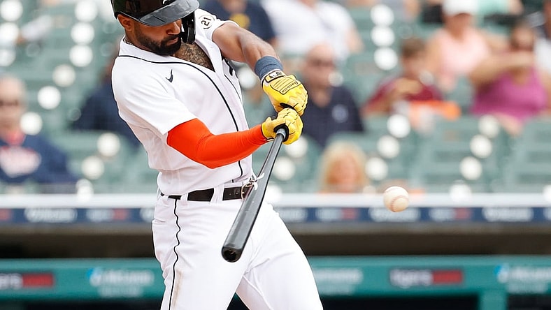 Sep 15, 2021; Detroit, Michigan, USA;  Detroit Tigers center fielder Derek Hill (54) hits an RBI triple in the fifth inning against the Milwaukee Brewers at Comerica Park. Mandatory Credit: Rick Osentoski-USA TODAY Sports