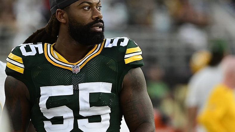 Sep 12, 2021; Jacksonville, Florida, USA;  Green Bay Packers linebacker Za'Darius Smith (55) stands on the sidelines during the game against the New Orleans Saints at TIAA Bank Field. Mandatory Credit: Tommy Gilligan-USA TODAY Sports