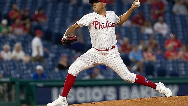 Sep 15, 2021; Philadelphia, Pennsylvania, USA; Philadelphia Phillies starting pitcher Ranger Suarez (55) throws a pitch during the first inning against the Chicago Cubs at Citizens Bank Park. Mandatory Credit: Bill Streicher-USA TODAY Sports