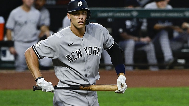Sep 15, 2021; Baltimore, Maryland, USA;  New York Yankees right fielder Aaron Judge (99) looks down the line during a first inning at bat against the Baltimore Orioles at Oriole Park at Camden Yards. Mandatory Credit: Tommy Gilligan-USA TODAY Sports