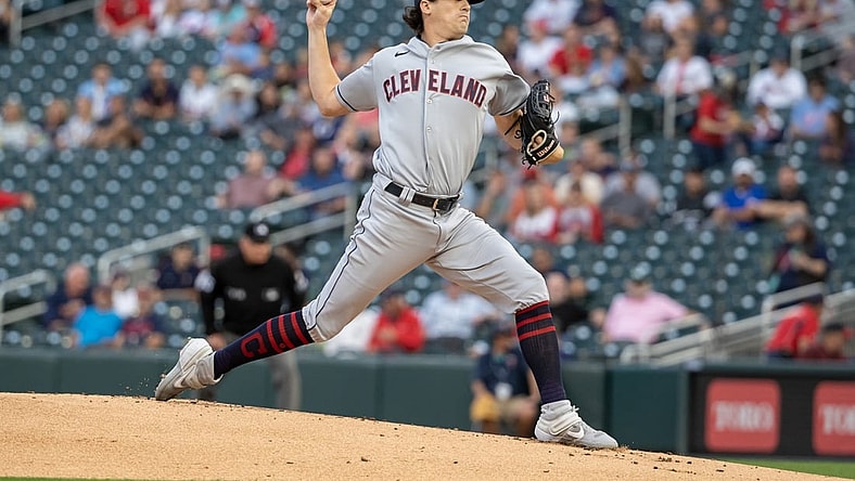 Sep 15, 2021; Minneapolis, Minnesota, USA; Cleveland Indians starting pitcher Cal Quantrill (47) delivers a pitch during the first inning against the Minnesota Twins at Target Field. Mandatory Credit: Jordan Johnson-USA TODAY Sports