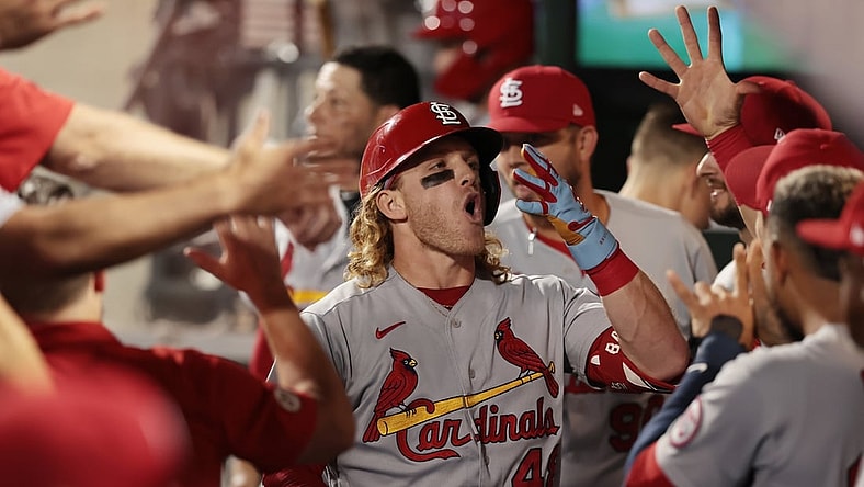 Sep 15, 2021; New York City, New York, USA; St. Louis Cardinals center fielder Harrison Bader (48) celebrates with teammates after hitting a home run fourth inning against the New York Mets at Citi Field. Mandatory Credit: Vincent Carchietta-USA TODAY Sports