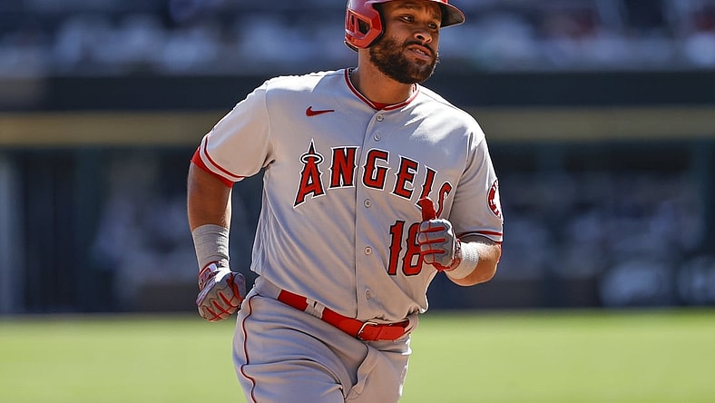 Sep 16, 2021; Chicago, Illinois, USA; Los Angeles Angels third baseman Jose Rojas (18) rounds the bases after hitting a two-run home run against the Chicago White Sox during the fourth inning at Guaranteed Rate Field. Mandatory Credit: Kamil Krzaczynski-USA TODAY Sports
