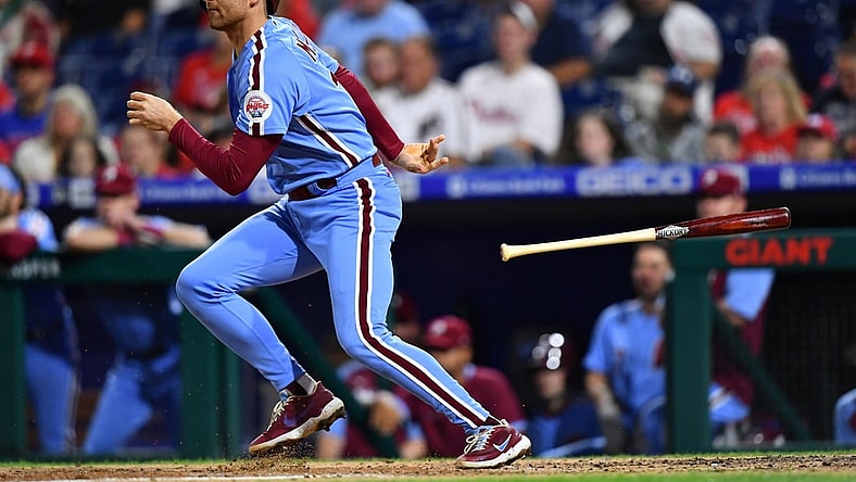Sep 16, 2021; Philadelphia, Pennsylvania, USA; Philadelphia Phillies infielder Brad Miller (13) hits a single against the Chicago Cubs in the fourth inning at Citizens Bank Park. Mandatory Credit: Kyle Ross-USA TODAY Sports