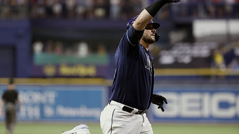 Sep 16, 2021; St. Petersburg, Florida, USA; Tampa Bay Rays catcher Mike Zunino (10) celebrates after hitting a two run home run against the Detroit Tigers during the sixth inning at Tropicana Field. Mandatory Credit: Kim Klement-USA TODAY Sports