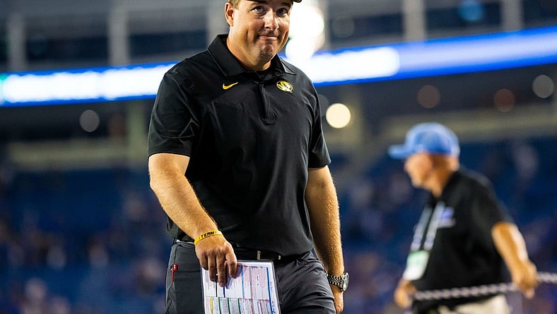 Sep 11, 2021; Lexington, Kentucky, USA; Missouri Tigers head coach Eliah Drinkwitz walks off the field following the game against the Kentucky Wildcats at Kroger Field. Mandatory Credit: Jordan Prather-USA TODAY Sports
