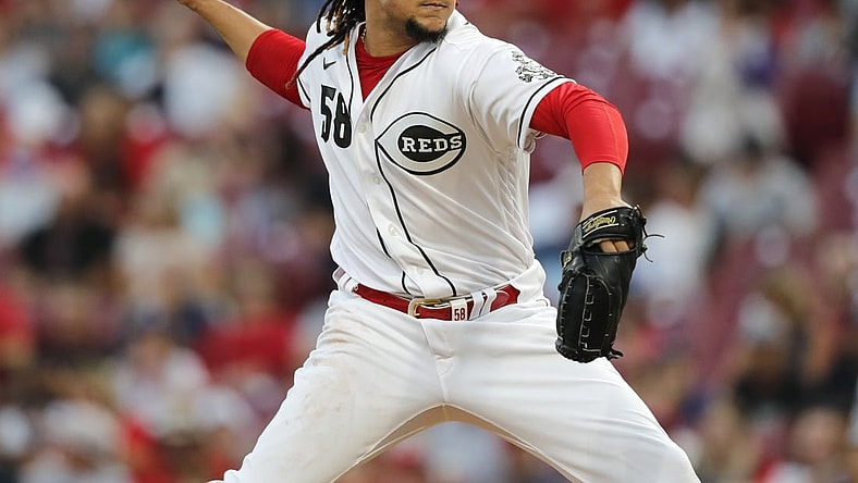 Sep 17, 2021; Cincinnati, Ohio, USA; Cincinnati Reds starting pitcher Luis Castillo (58) throws a pitch Los Angeles Dodgers during the first inning at Great American Ball Park. Mandatory Credit: David Kohl-USA TODAY Sports