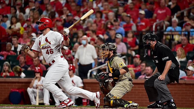 Sep 17, 2021; St. Louis, Missouri, USA;  St. Louis Cardinals first baseman Paul Goldschmidt (46) hits a one run single during the first inning against the San Diego Padres at Busch Stadium. Mandatory Credit: Jeff Curry-USA TODAY Sports