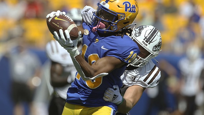 Sep 18, 2021; Pittsburgh, Pennsylvania, USA; Pittsburgh Panthers wide receiver Jaylon Barden (10) makes a catch against Western Michigan Broncos safety Ryan Kilburg (rear) during the second quarter at Heinz Field. Mandatory Credit: Charles LeClaire-USA TODAY Sports