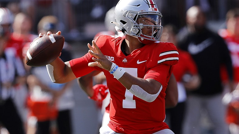 Sep 18, 2021; Columbus, Ohio, USA; Ohio State Buckeyes quarterback C.J. Stroud (7) throws a pass during the first quarter against the Tulsa Golden Hurricane at Ohio Stadium. Mandatory Credit: Joseph Maiorana-USA TODAY Sports