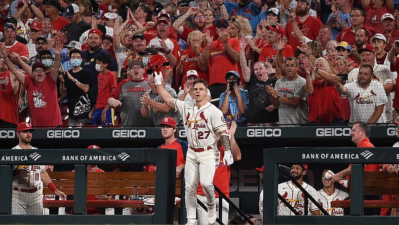 Sep 18, 2021; St. Louis, Missouri, USA; St. Louis Cardinals left fielder Tyler O'Neill (27) acknowledges fans after hitting a two-run home run against the San Diego Padres during the eighth inning at Busch Stadium. Mandatory Credit: Joe Puetz-USA TODAY Sports