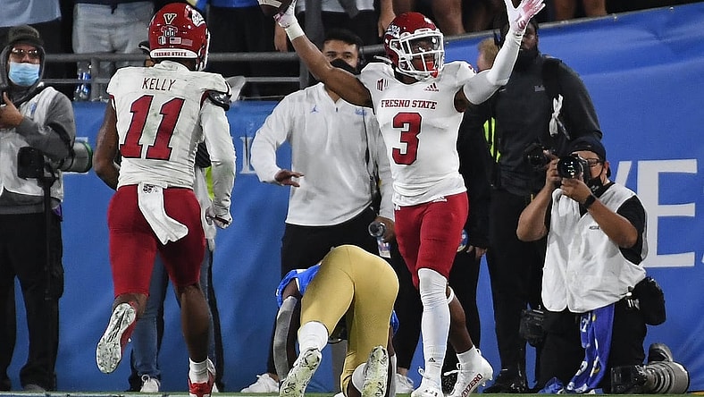 Sep 18, 2021; Pasadena, California, USA; Fresno State Bulldogs wide receiver Erik Brooks (3) celebrate after making a catch for a touchdown against the UCLA Bruins in the fourth quarter Rose Bowl. Mandatory Credit: Richard Mackson-USA TODAY Sports