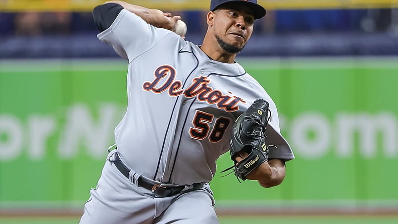 Sep 19, 2021; St. Petersburg, Florida, USA; Detroit Tigers relief pitcher Wily Peralta (58) throws a pitch during the first inning against the Tampa Bay Rays at Tropicana Field. Mandatory Credit: Mike Watters-USA TODAY Sports