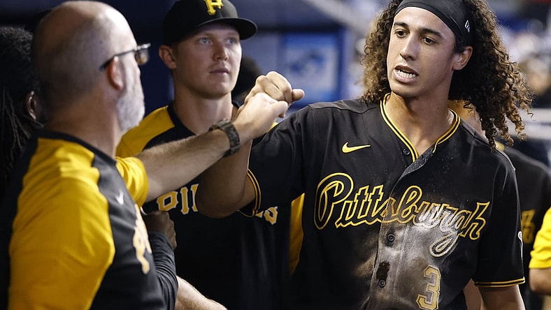 Sep 19, 2021; Miami, Florida, USA;  Pittsburgh Pirates right fielder Cole Tucker (3) is congratulated by teammates after scoring against the Miami Marlins during the second inning at loanDepot Park. Mandatory Credit: Rhona Wise-USA TODAY Sports