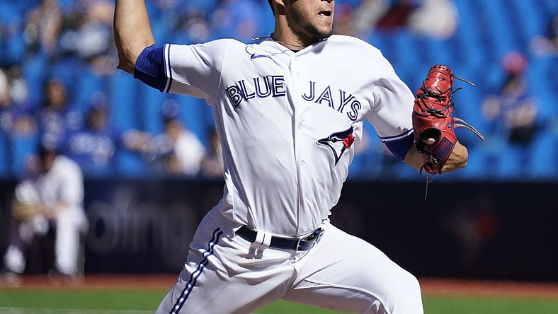 Sep 19, 2021; Toronto, Ontario, CAN; Toronto Blue Jays starting pitcher Jose Berrios (17) pitches to the Minnesota Twins during the second inning at Rogers Centre. Mandatory Credit: John E. Sokolowski-USA TODAY Sports