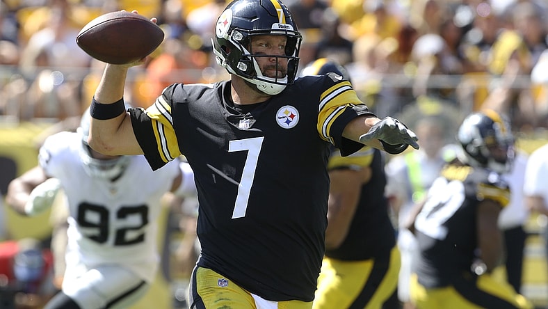 Sep 19, 2021; Pittsburgh, Pennsylvania, USA;  Pittsburgh Steelers quarterback Ben Roethlisberger (7) passes the ball against the Las Vegas Raiders during the second quarter at Heinz Field. Mandatory Credit: Charles LeClaire-USA TODAY Sports