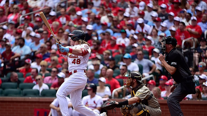 Sep 19, 2021; St. Louis, Missouri, USA;  St. Louis Cardinals center fielder Harrison Bader (48) hits a two run double during the first inning against the San Diego Padres at Busch Stadium. Mandatory Credit: Jeff Curry-USA TODAY Sports