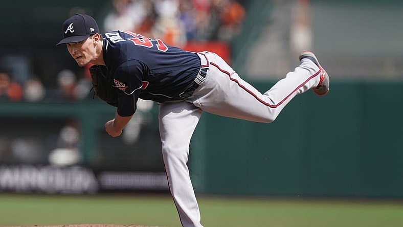 Sep 19, 2021; San Francisco, California, USA; Atlanta Braves starting pitcher Max Fried (54) throws a pitch during the third inning against the San Francisco Giants at Oracle Park. Mandatory Credit: Darren Yamashita-USA TODAY Sports