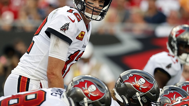 Sep 19, 2021; Tampa, Florida, USA; Tampa Bay Buccaneers quarterback Tom Brady (12) looks on against the Atlanta Falcons during the first half at Raymond James Stadium. Mandatory Credit: Kim Klement-USA TODAY Sports
