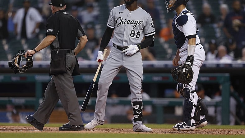 Sep 20, 2021; Detroit, Michigan, USA; Chicago White Sox center fielder Luis Robert (88) reacts after being hit by a pitch from Detroit Tigers starting pitcher Matt Manning (not pictured) during the third inning at Comerica Park. Mandatory Credit: Raj Mehta-USA TODAY Sports
