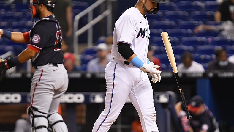 Sep 20, 2021; Miami, Florida, USA;  Miami Marlins catcher Payton Henry (86) reacts after striking out during the second inning against the Washington Nationals at loanDepot Park. Mandatory Credit: Jim Rassol-USA TODAY Sports